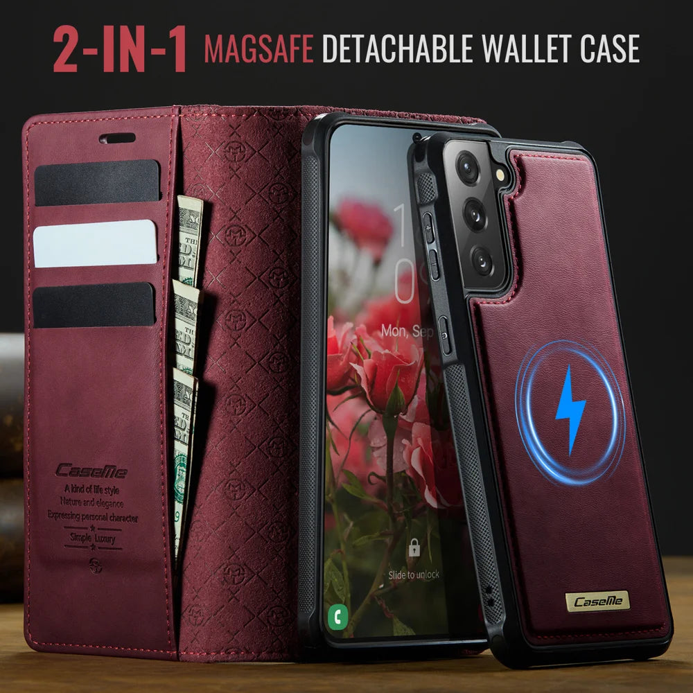CASEME For Samsung Galaxy S21 5G / Galaxy S21 4G Case  C49  Magnetic Case RFID Blocking Detachable Wallet Leather Phone Cover - Red - 4
