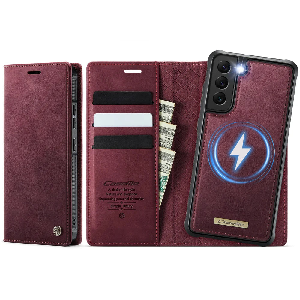 CASEME For Samsung Galaxy S22 5G Case  C49  Magnetic Case RFID Blocking Detachable Wallet Leather Phone Cover - Red - 1