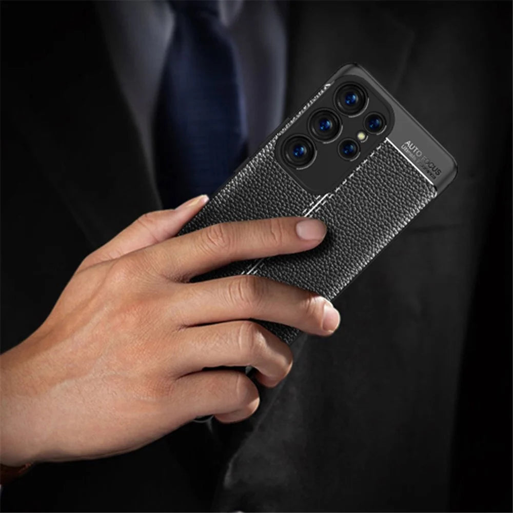 Litchi Texture Slim Phone Case for Samsung Galaxy S23 Ultra, Scratch-resistant Flexible TPU Cover - Black - 6