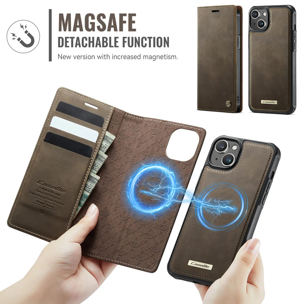 CASEME For iPhone 14 Case  C49  Compatible with MagSafe RFID Blocking Detachable Wallet Leather Phone Cover - Coffee - 6