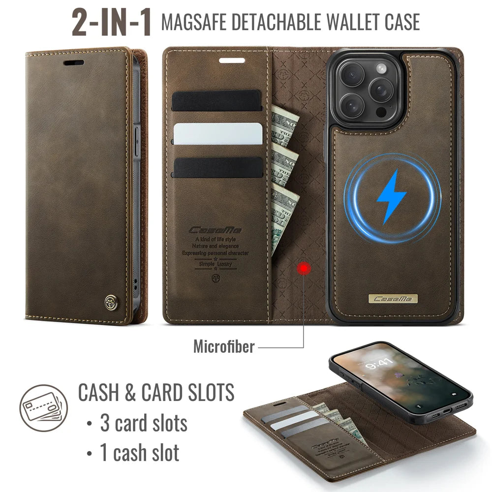 CASEME For iPhone 13 Pro 6.1 inch Case  C49  Compatible with MagSafe RFID Blocking Detachable Wallet Leather Phone Cover - Coffee - 2