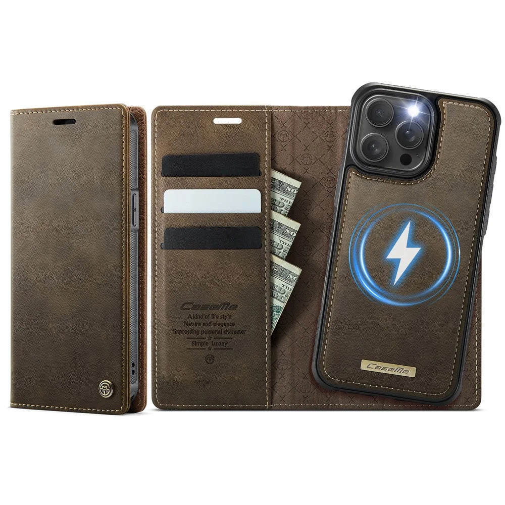 CASEME For iPhone 14 Pro Case  C49  Compatible with MagSafe RFID Blocking Detachable Wallet Leather Phone Cover - Coffee - 1