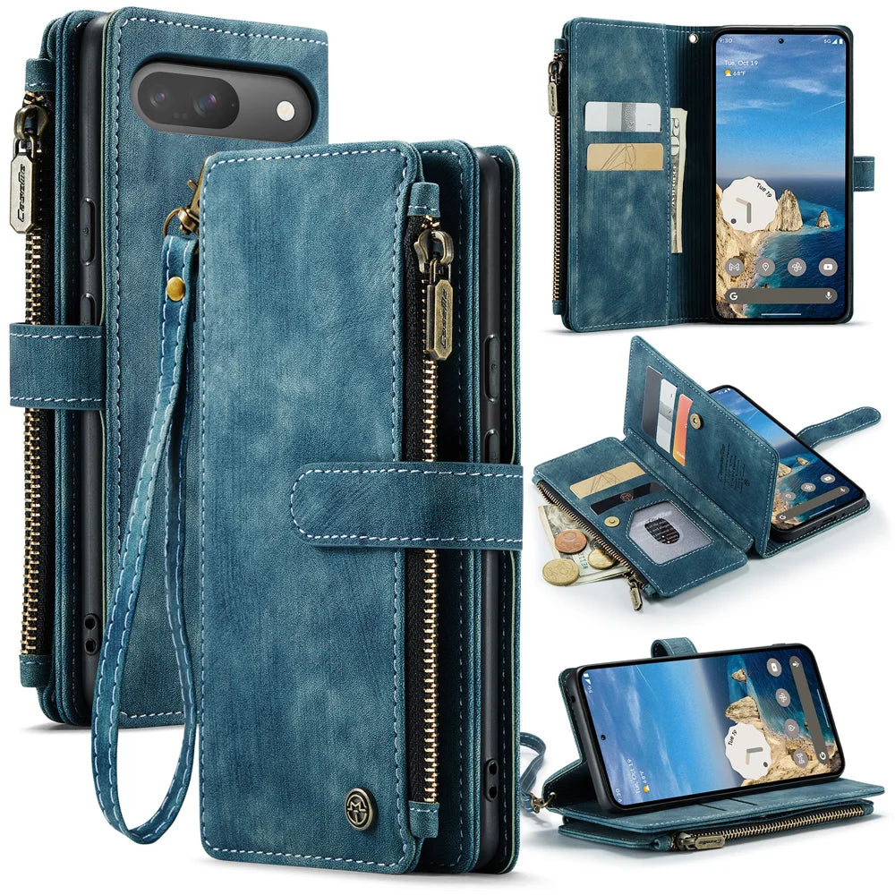 CASEME For Google Pixel 10 Pro / 10 / 9 Pro / 9 Phone Cases with Strap  C30 Zipper Multiple Card Holder PU Leather Cover - Blue - 1