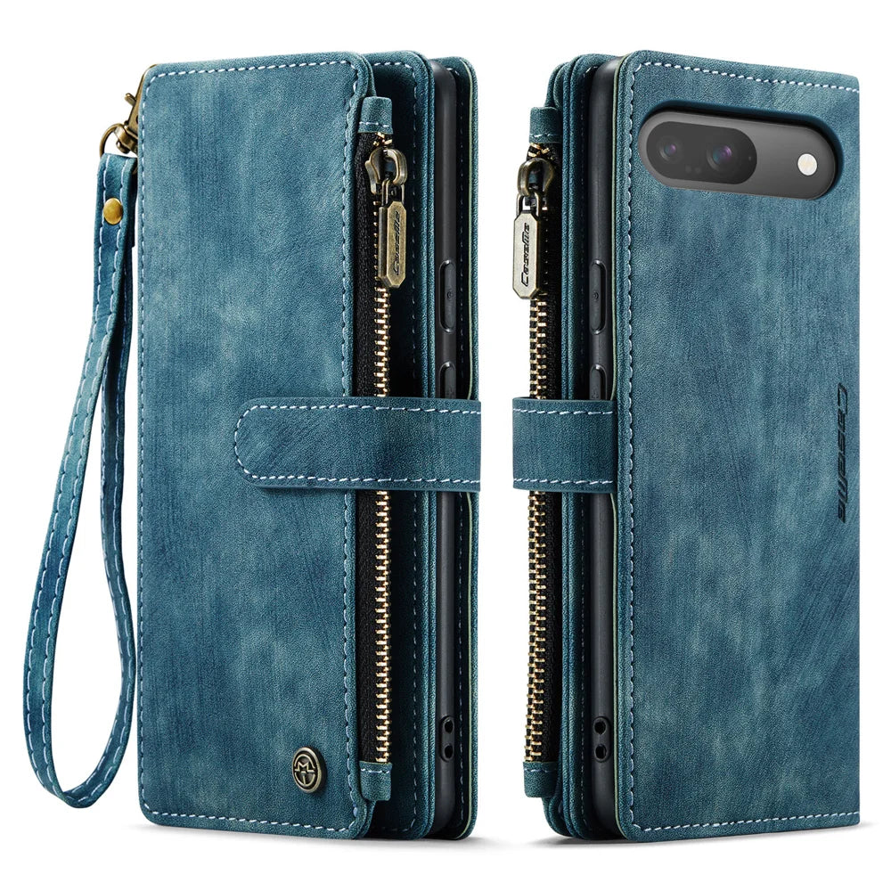CASEME For Google Pixel 10 Pro / 10 / 9 Pro / 9 Phone Cases with Strap  C30 Zipper Multiple Card Holder PU Leather Cover - Blue - 2