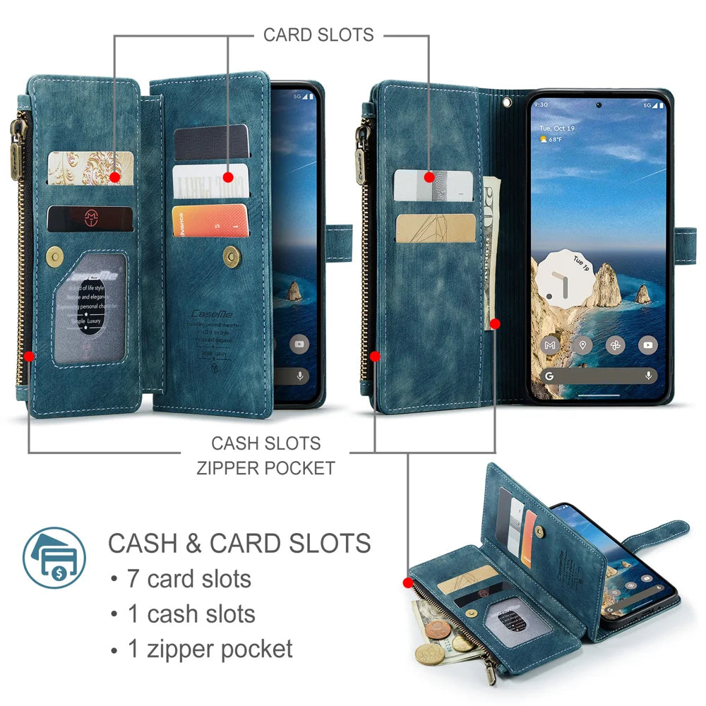 CASEME For Google Pixel 10 Pro / 10 / 9 Pro / 9 Phone Cases with Strap  C30 Zipper Multiple Card Holder PU Leather Cover - Blue - 3