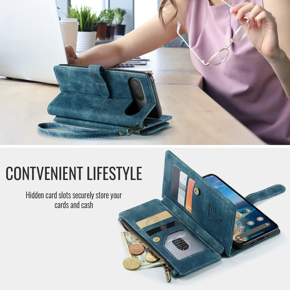 CASEME For Google Pixel 10 Pro / 10 / 9 Pro / 9 Phone Cases with Strap  C30 Zipper Multiple Card Holder PU Leather Cover - Blue - 4