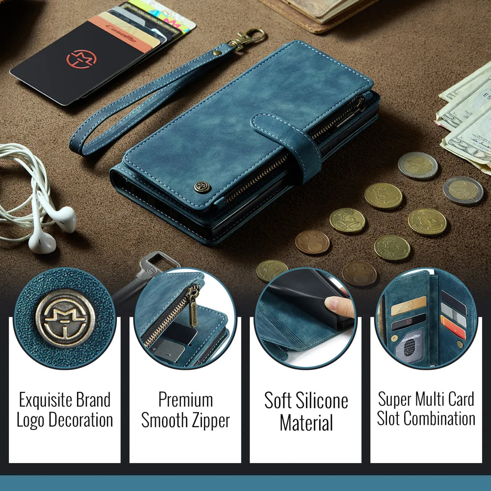CASEME For Google Pixel 10 Pro / 10 / 9 Pro / 9 Phone Cases with Strap  C30 Zipper Multiple Card Holder PU Leather Cover - Blue - 5