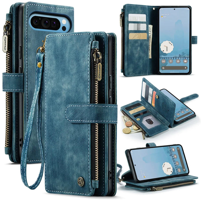 CASEME For Google Pixel 10 Pro XL Phone Cases with Strap  C30 Zipper Multiple Card Holder PU Leather Cover - Blue - 1