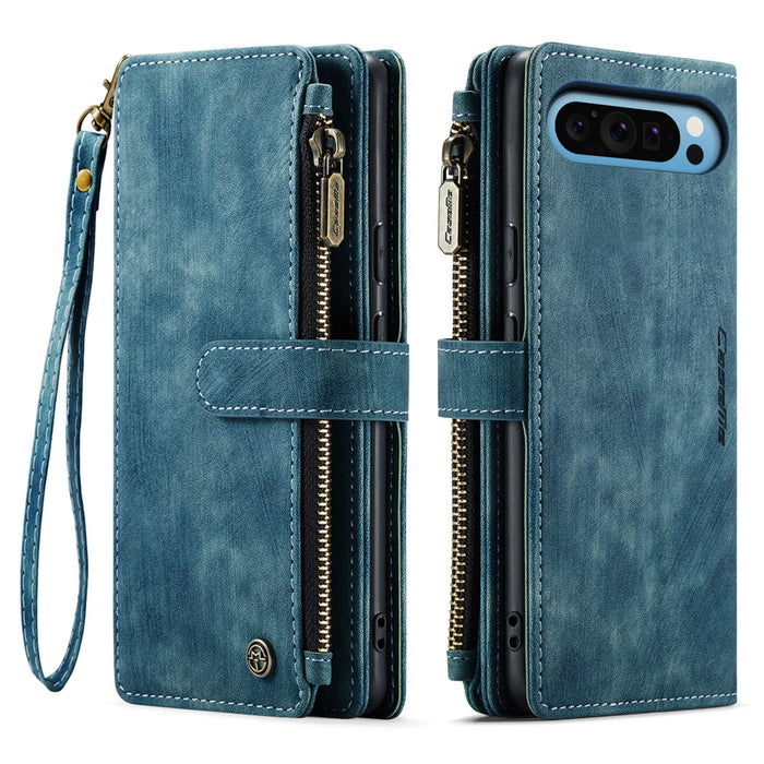 CASEME For Google Pixel 10 Pro XL Phone Cases with Strap  C30 Zipper Multiple Card Holder PU Leather Cover - Blue - 2