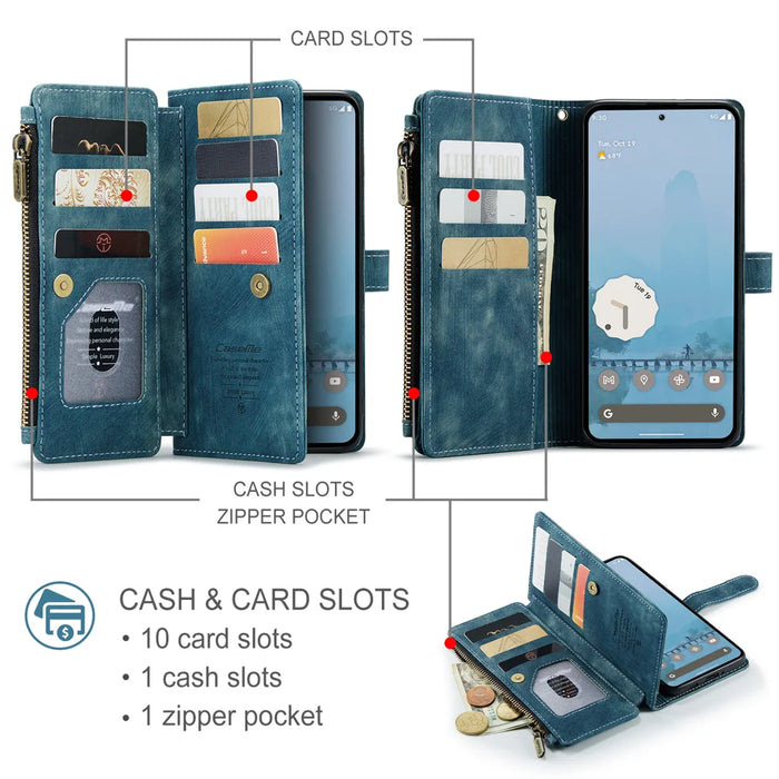CASEME For Google Pixel 10 Pro XL Phone Cases with Strap  C30 Zipper Multiple Card Holder PU Leather Cover - Blue - 3