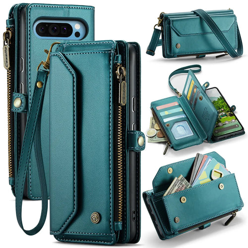 CASEME For Google Pixel 10 Pro XL Leather Case  C36 Zipper 10 Card Slots Phone Cover with Straps - Green - 1