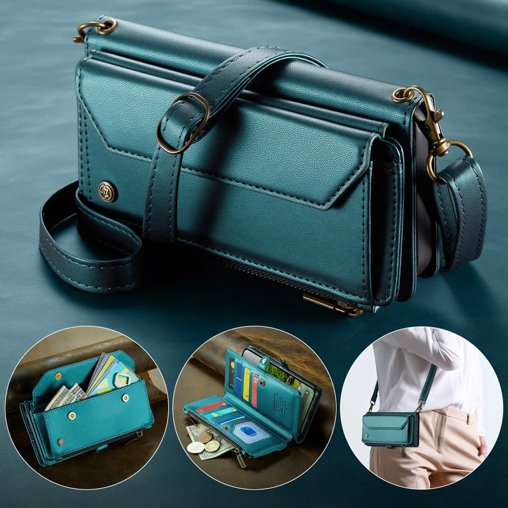 CASEME For Google Pixel 10 Pro XL Leather Case  C36 Zipper 10 Card Slots Phone Cover with Straps - Green - 7