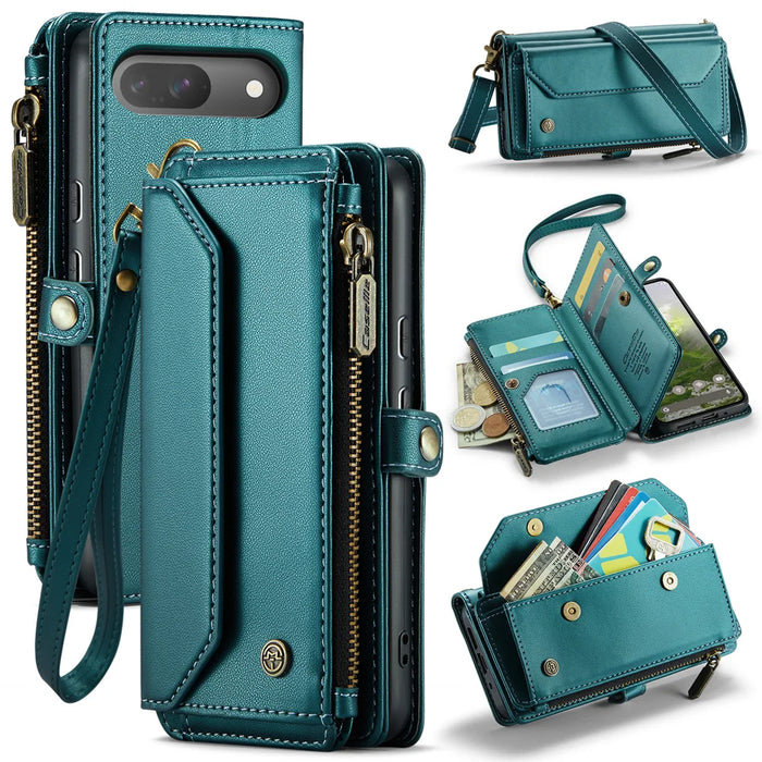 CASEME For Google Pixel 10 Pro / 10 / 9 Pro / 9 Leather Case  C36 Zipper 10 Card Slots Phone Cover with Straps - Green - 1
