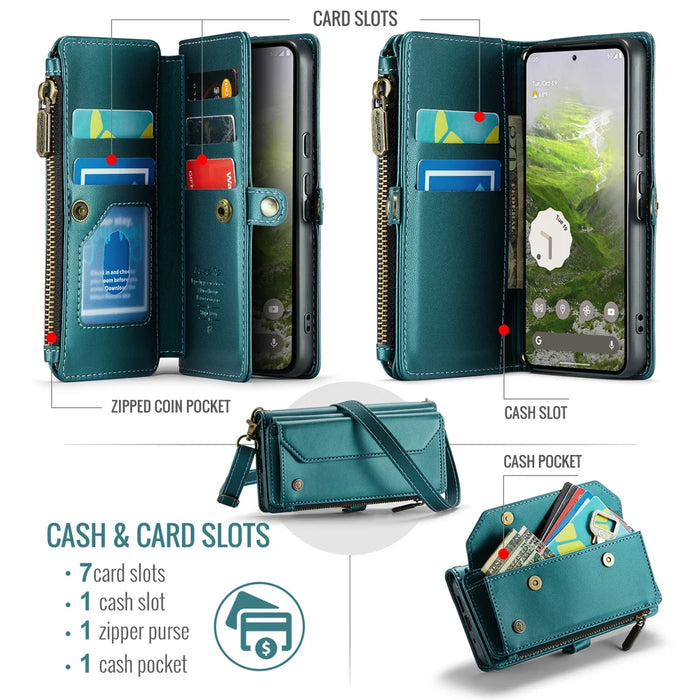 CASEME For Google Pixel 10 Pro / 10 / 9 Pro / 9 Leather Case  C36 Zipper 10 Card Slots Phone Cover with Straps - Green - 2