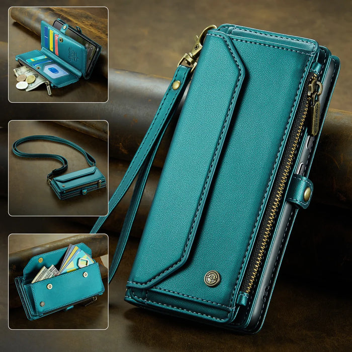 CASEME For Google Pixel 10 Pro / 10 / 9 Pro / 9 Leather Case  C36 Zipper 10 Card Slots Phone Cover with Straps - Green - 4