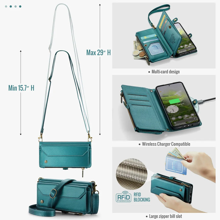 CASEME For Google Pixel 10 Pro / 10 / 9 Pro / 9 Leather Case  C36 Zipper 10 Card Slots Phone Cover with Straps - Green - 5