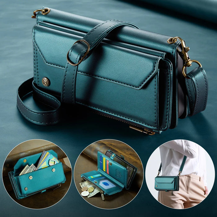 CASEME For Google Pixel 10 Pro / 10 / 9 Pro / 9 Leather Case  C36 Zipper 10 Card Slots Phone Cover with Straps - Green - 7