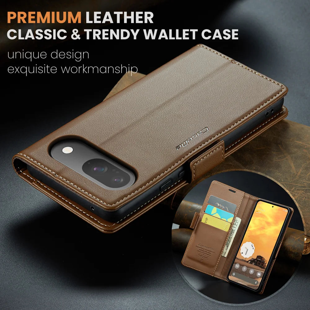 CASEME For Google Pixel 10 Pro / 10 / 9 Pro / 9 Case  023 Series RFID Blocking Leather Wallet Stand Phone Cover - Brown - 7