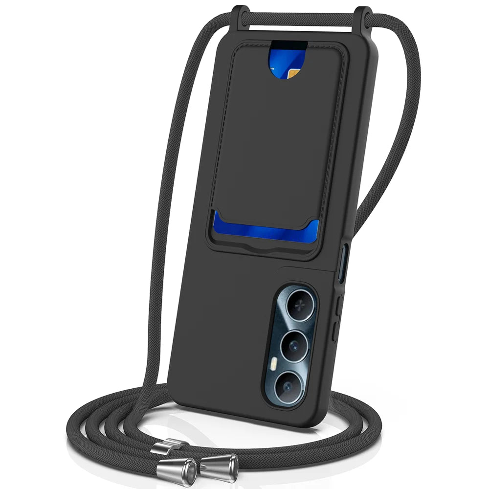 For Realme C65 4G Case Liquid Silicone Card Holder Back Phone Cover with Lanyard - Black - 1