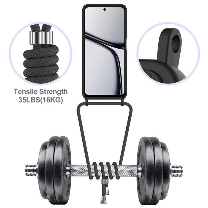 For Realme C65 4G Case Liquid Silicone Card Holder Back Phone Cover with Lanyard - Black - 6