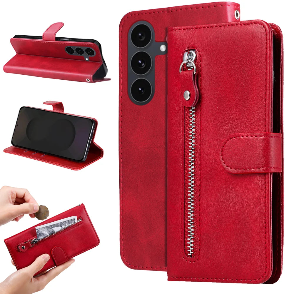 For Samsung Galaxy S25 FE PU Leather Cases with Zipper Pocket Wallet Phone Cover Stand - Red - 2
