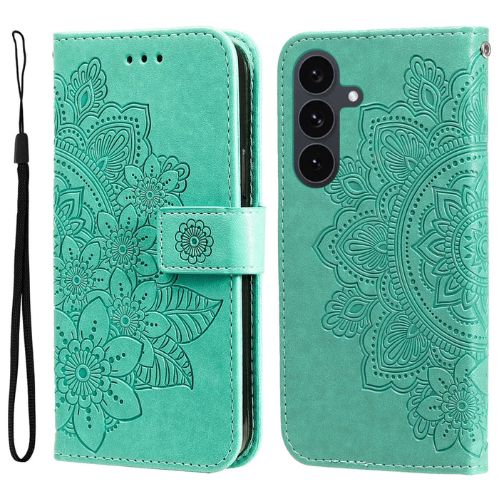 For Samsung Galaxy S25 FE Case Floral Pattern PU Leather Wallet Stand Phone Cover - Green - 1