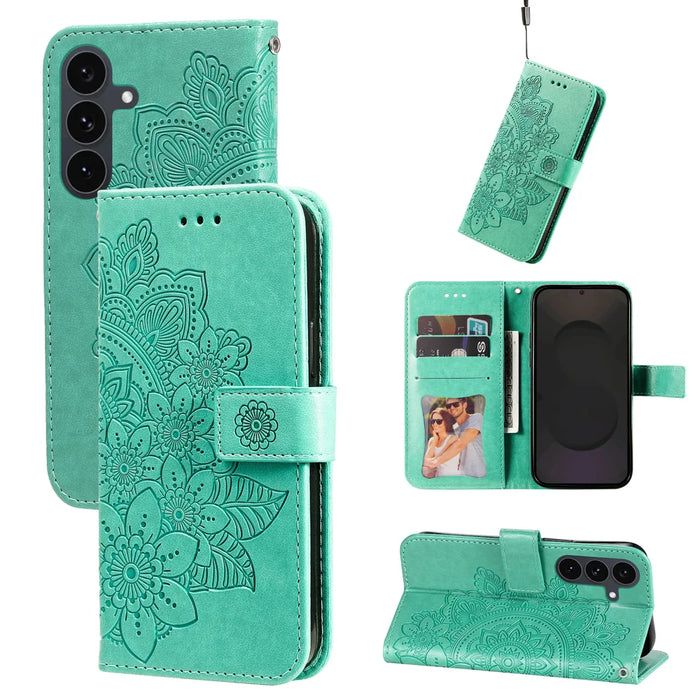 For Samsung Galaxy S25 FE Case Floral Pattern PU Leather Wallet Stand Phone Cover - Green - 3