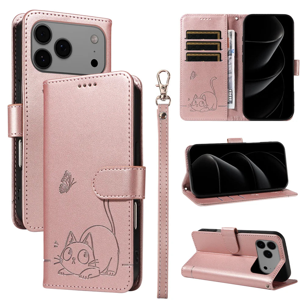 For iPhone 18 Pro Max / 17 Pro Max Case Cat Pattern Imprint Leather Phone Cover with Wrist Strap - Rose Gold - 1
