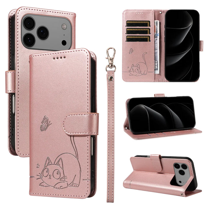 For iPhone 18 Pro Max / 17 Pro Max Case Cat Pattern Imprint Leather Phone Cover with Wrist Strap - Rose Gold - 1