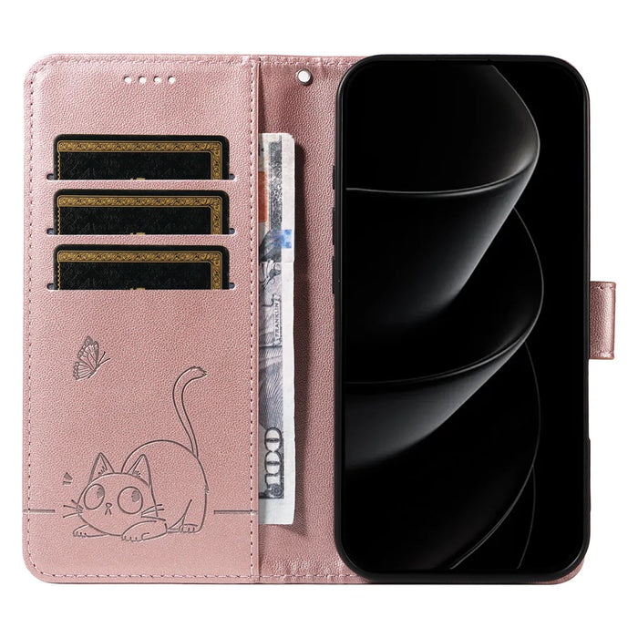 For iPhone 18 Pro Max / 17 Pro Max Case Cat Pattern Imprint Leather Phone Cover with Wrist Strap - Rose Gold - 2