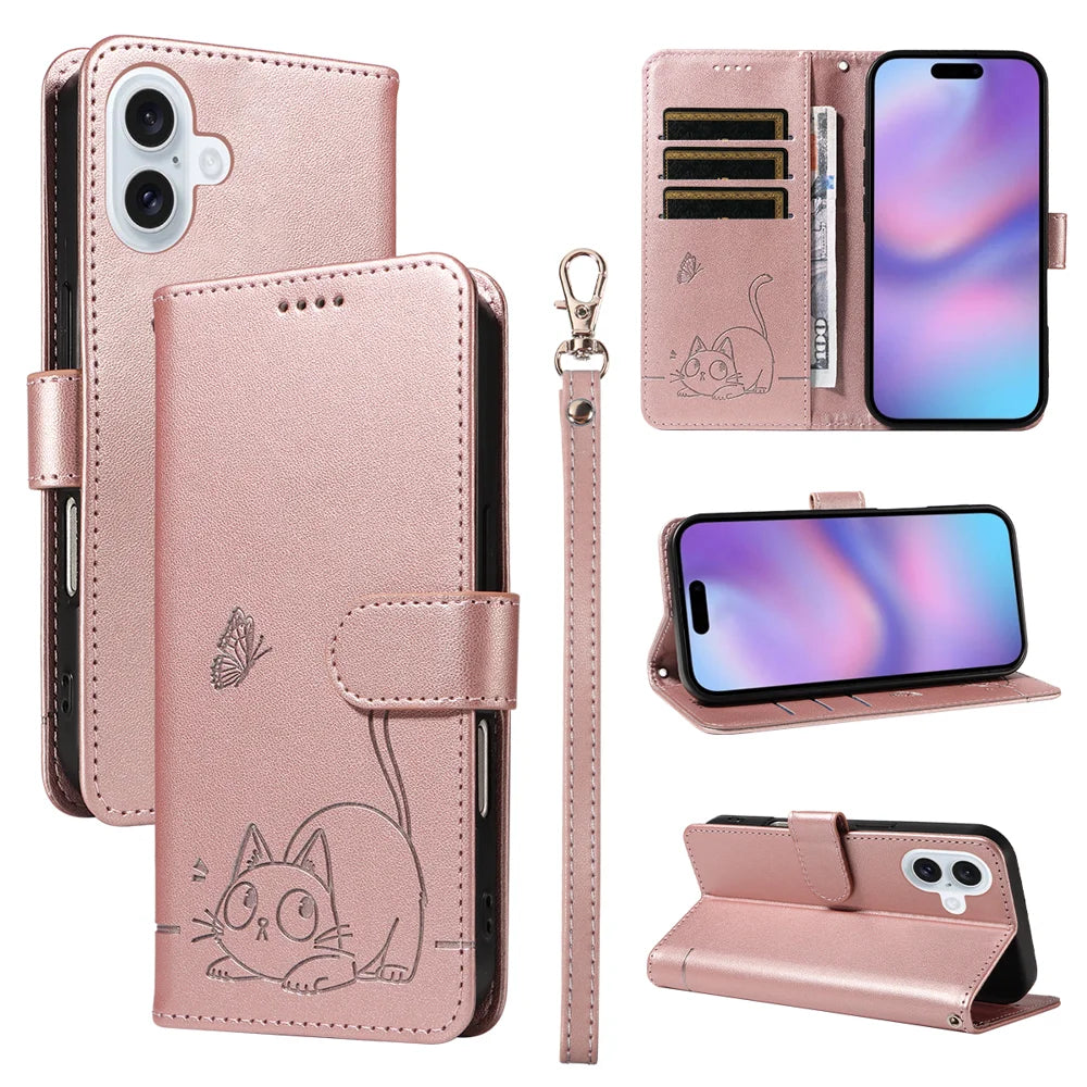 For iPhone 17 Case Cat Pattern Imprint Leather Phone Cover with Wrist Strap - Rose Gold - 1