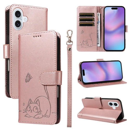 For iPhone 17 Case Cat Pattern Imprint Leather Phone Cover with Wrist Strap - Rose Gold - 1