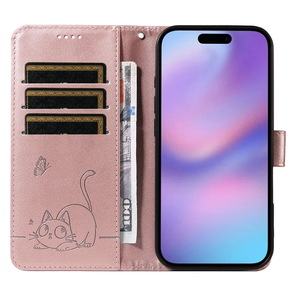 For iPhone 17 Case Cat Pattern Imprint Leather Phone Cover with Wrist Strap - Rose Gold - 2