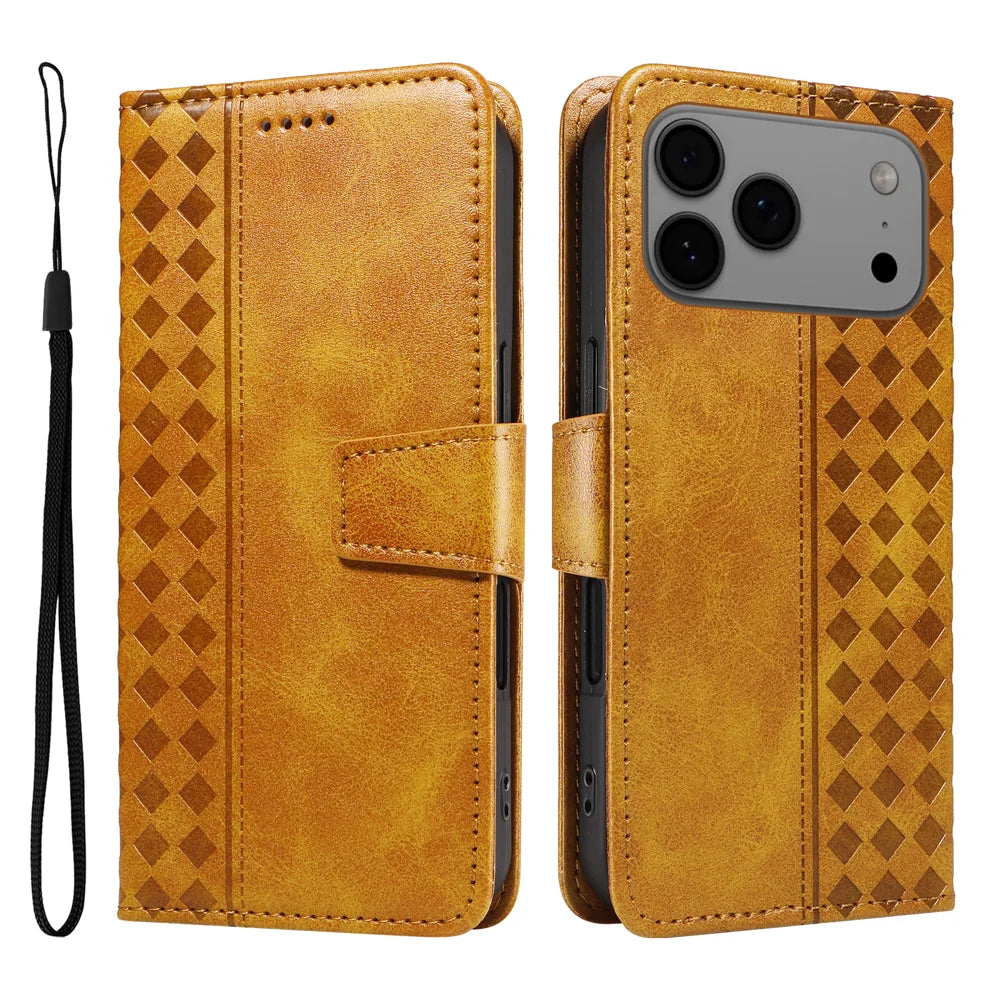 For iPhone 18 Pro Max / 17 Pro Max Leather Case Wallet Stand Grids Imprinted Phone Cover with Strap - Yellow - 1