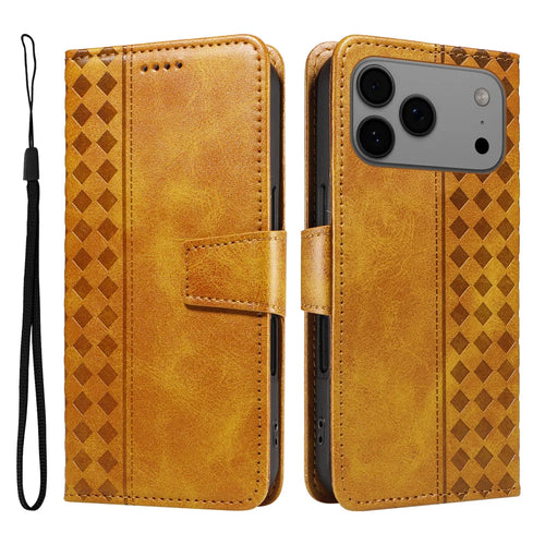 For iPhone 18 Pro Max / 17 Pro Max Leather Case Wallet Stand Grids Imprinted Phone Cover with Strap - Yellow - 1