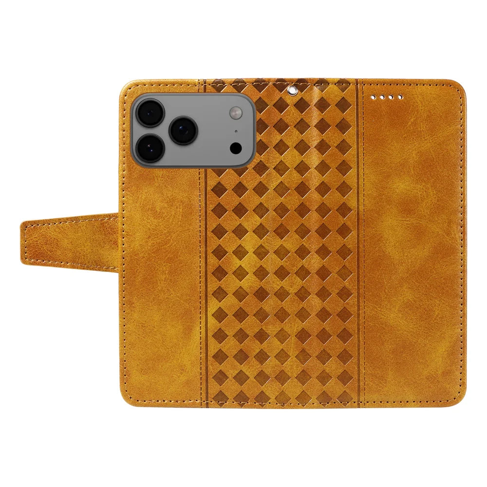 For iPhone 18 Pro Max / 17 Pro Max Leather Case Wallet Stand Grids Imprinted Phone Cover with Strap - Yellow - 3