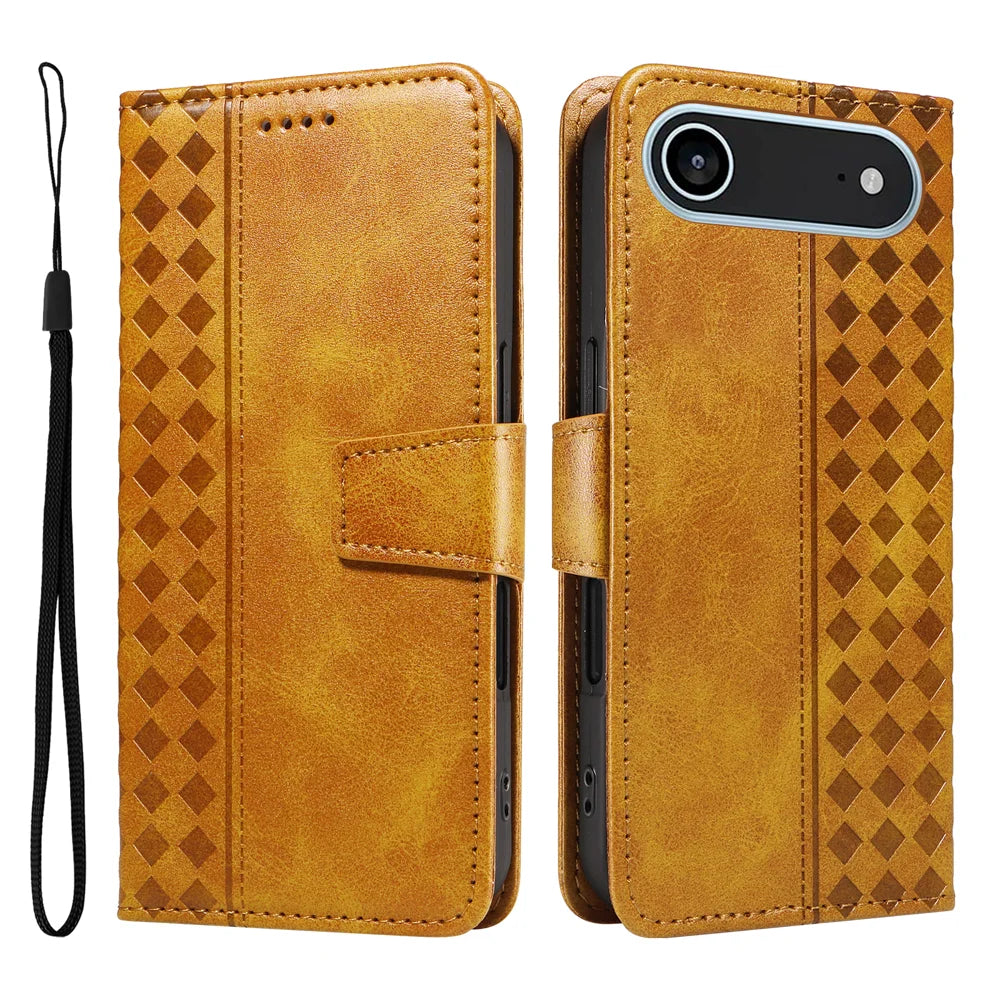 For iPhone Air Leather Case Wallet Stand Grids Imprinted Phone Cover with Strap - Yellow - 1