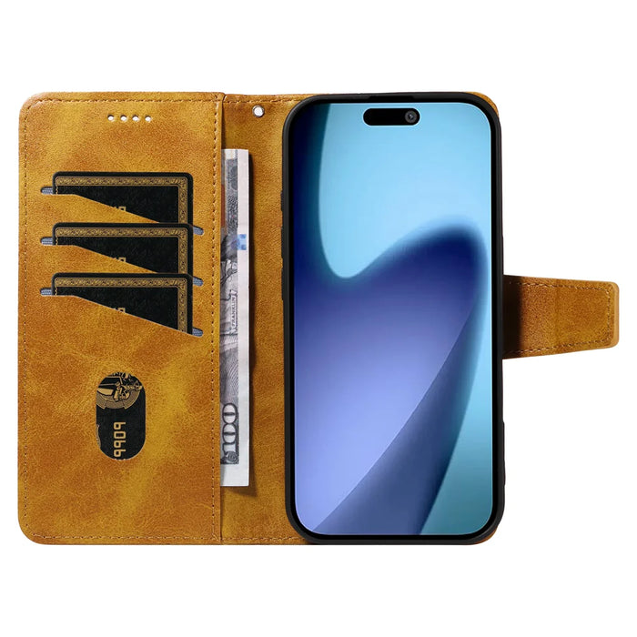 For iPhone Air Leather Case Wallet Stand Grids Imprinted Phone Cover with Strap - Yellow - 2