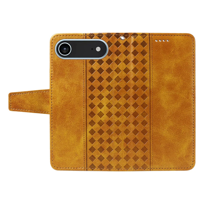 For iPhone Air Leather Case Wallet Stand Grids Imprinted Phone Cover with Strap - Yellow - 3