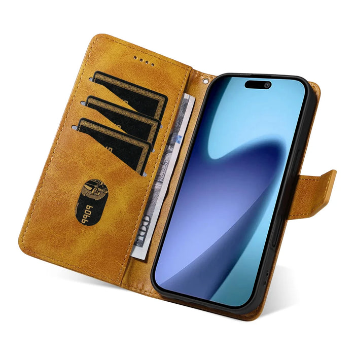For iPhone Air Leather Case Wallet Stand Grids Imprinted Phone Cover with Strap - Yellow - 6