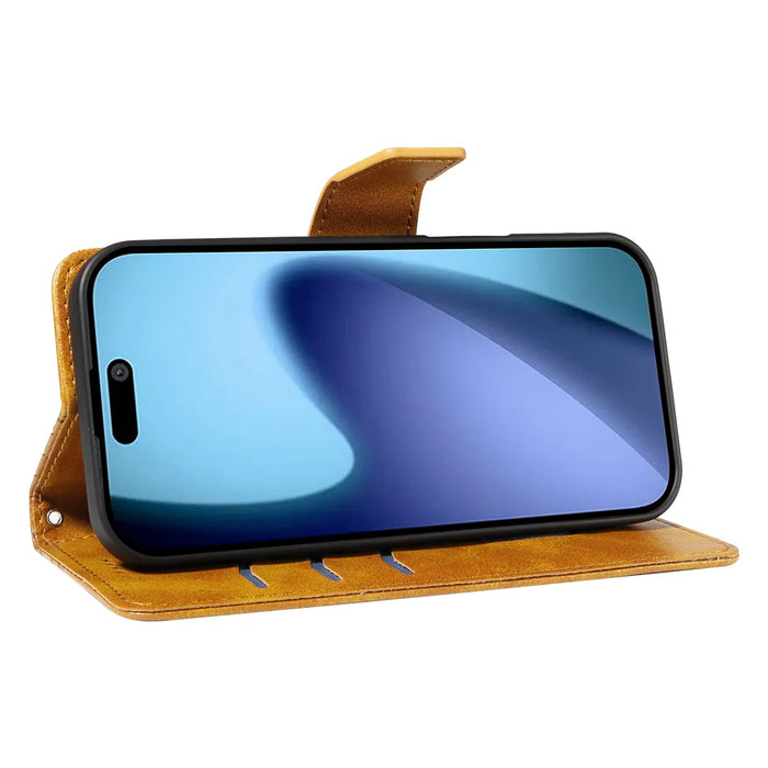 For iPhone Air Leather Case Wallet Stand Grids Imprinted Phone Cover with Strap - Yellow - 7