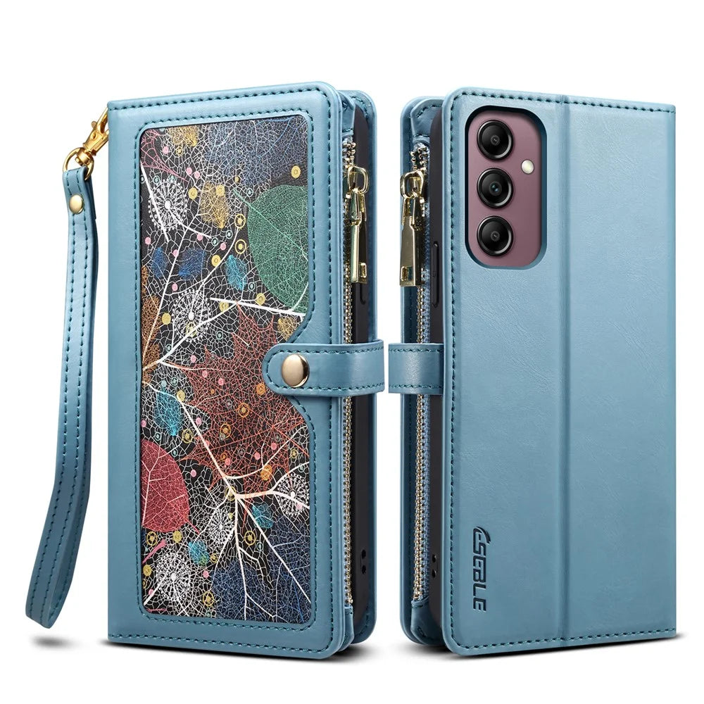 ESEBLE Galaxy Series For Samsung Galaxy S25 FE Case RFID Blocking Leather Zipper Phone Cover with Shoulder Strap + Wrist Strap - Blue - 1
