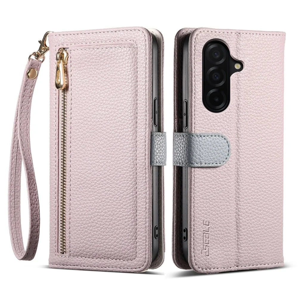 ESEBLE E11 For Samsung Galaxy S25 FE Case Zipper Pocket Litchi Texture Leather Phone Cover with Mirror and Wrist Strap - Light Purple - 1