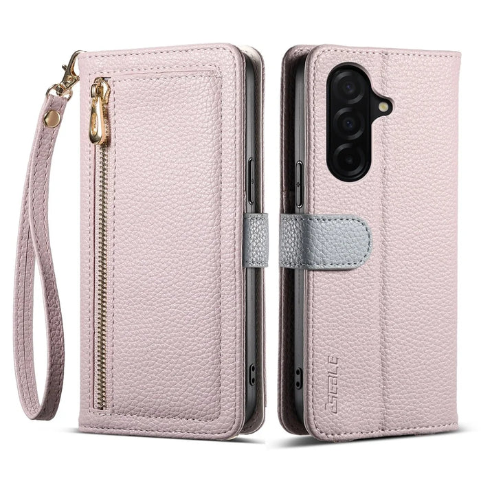 ESEBLE E11 For Samsung Galaxy S25 FE Case Zipper Pocket Litchi Texture Leather Phone Cover with Mirror and Wrist Strap - Light Purple - 1