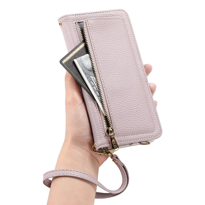 ESEBLE E11 For Samsung Galaxy S25 FE Case Zipper Pocket Litchi Texture Leather Phone Cover with Mirror and Wrist Strap - Light Purple - 4