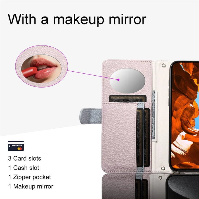 ESEBLE E11 For Samsung Galaxy S25 FE Case Zipper Pocket Litchi Texture Leather Phone Cover with Mirror and Wrist Strap - Light Purple - 6