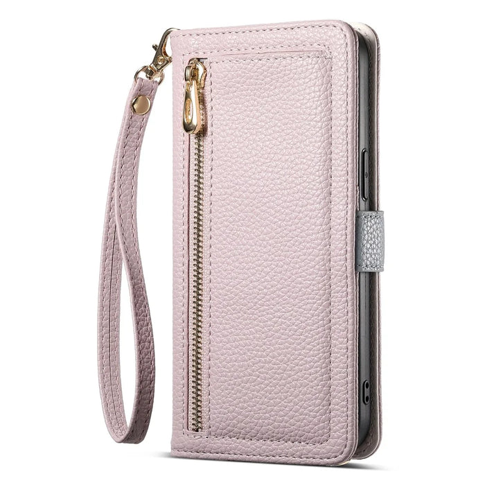 ESEBLE E11 For Samsung Galaxy S25 FE Case Zipper Pocket Litchi Texture Leather Phone Cover with Mirror and Wrist Strap - Light Purple - 7