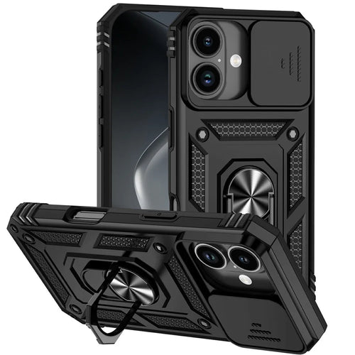 For iPhone 17 Case PC + TPU Phone Cover with Lens Protection Kickstand - Black - 1