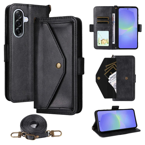 For Samsung Galaxy A36 5G Leather Case Magnetic Closure Wallet Stand Phone Cover with Crossbody Strap - Black - 1