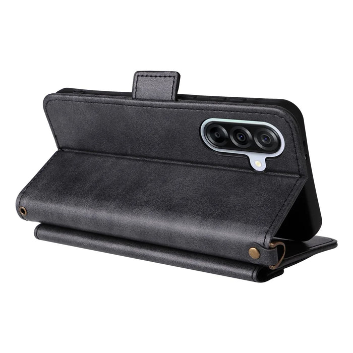 For Samsung Galaxy A36 5G Leather Case Magnetic Closure Wallet Stand Phone Cover with Crossbody Strap - Black - 5